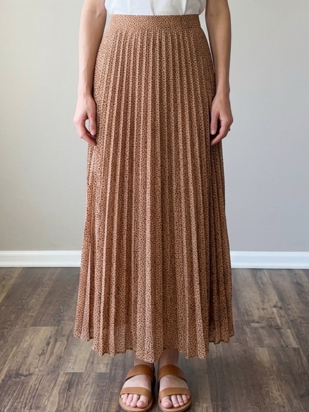 Japna Pleated Maxi Skirt Tan Brown Animal Micro Dot Print Boho Elastic Waist L